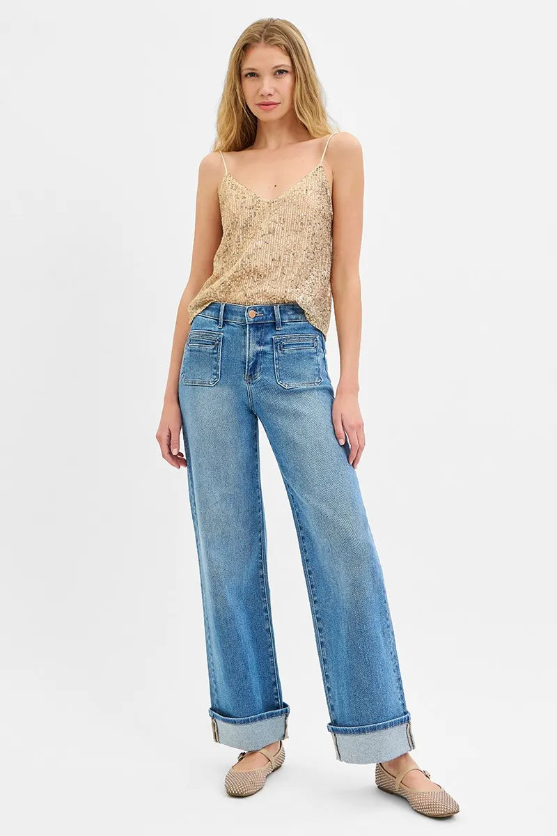 RISEN Full Size Elastic Band Mid Rise Wide Front Patch Pocket Cuff Jeans Plus Size - Premium Women / Jeans & Denim from Trendsi - Just $67.99! Shop now at Handbags Specialist Headquarter