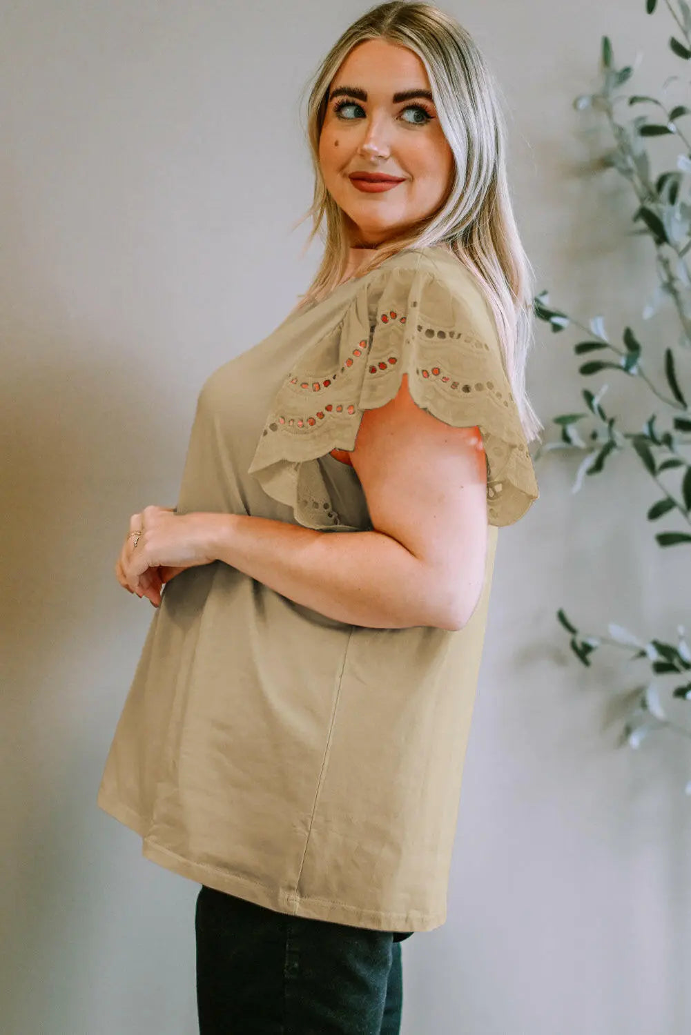 Plus Size Eyelet Round Neck Short Sleeve Blouse.