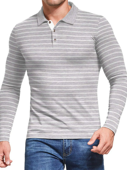 Men's Striped Long Sleeve Polo Shirt - Premium Men's Polo shirt from Trendsi - Just $37.10! Shop now at Handbags Specialist Headquarter
