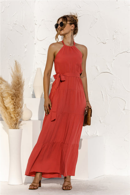 Halter Neck Tie Waist Tiered Maxi Dress - Premium Maxi Dress from Trendsi - Just $35.99! Shop now at Handbags Specialist Headquarter