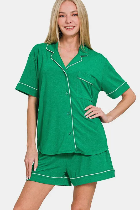 Zenana Button Down Short Sleeve Top and Shorts Lounge Set - Premium Sleepwear from Trendsi - Just $40.99! Shop now at Handbags Specialist Headquarter