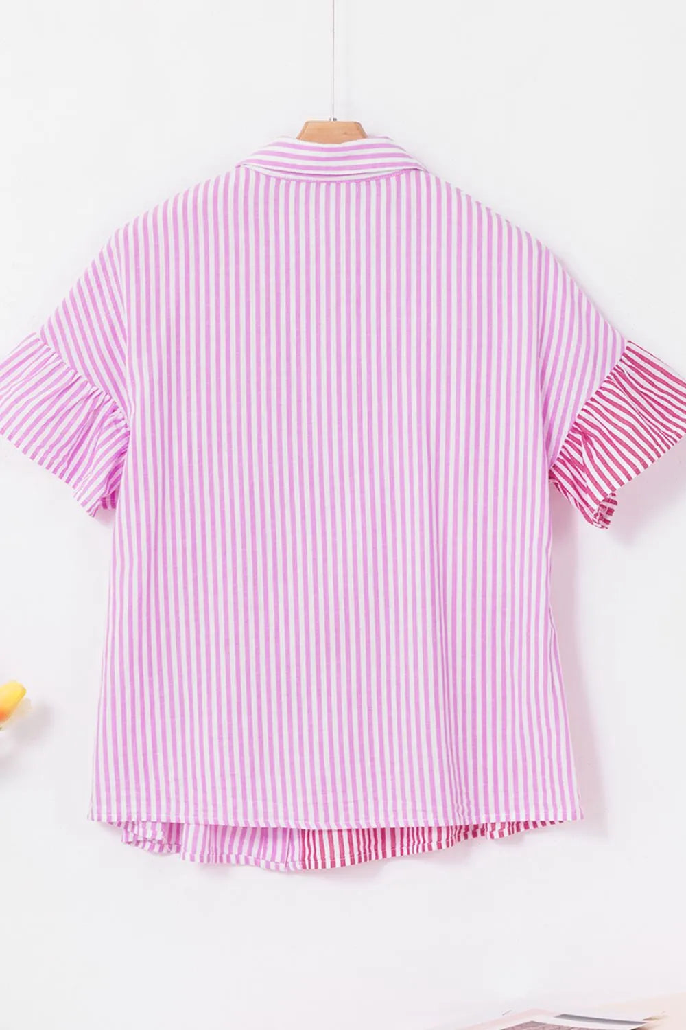 Button Down Striped Ruffled Hem Shirt - Premium Women's Down Shirt Tops from Trendsi - Just $28.46! Shop now at Handbags Specialist Headquarter