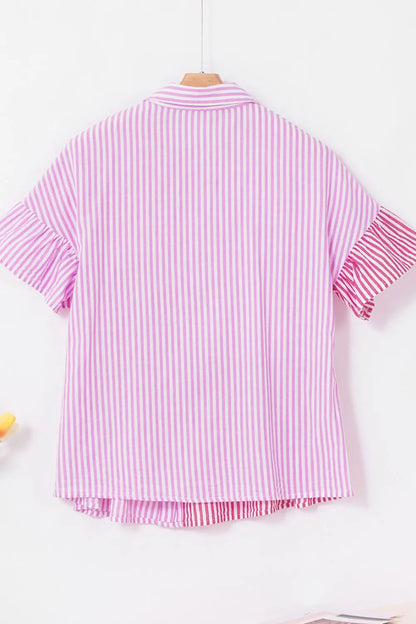 Button Down Striped Ruffled Hem Shirt - Premium Women's Down Shirt Tops from Trendsi - Just $28.46! Shop now at Handbags Specialist Headquarter