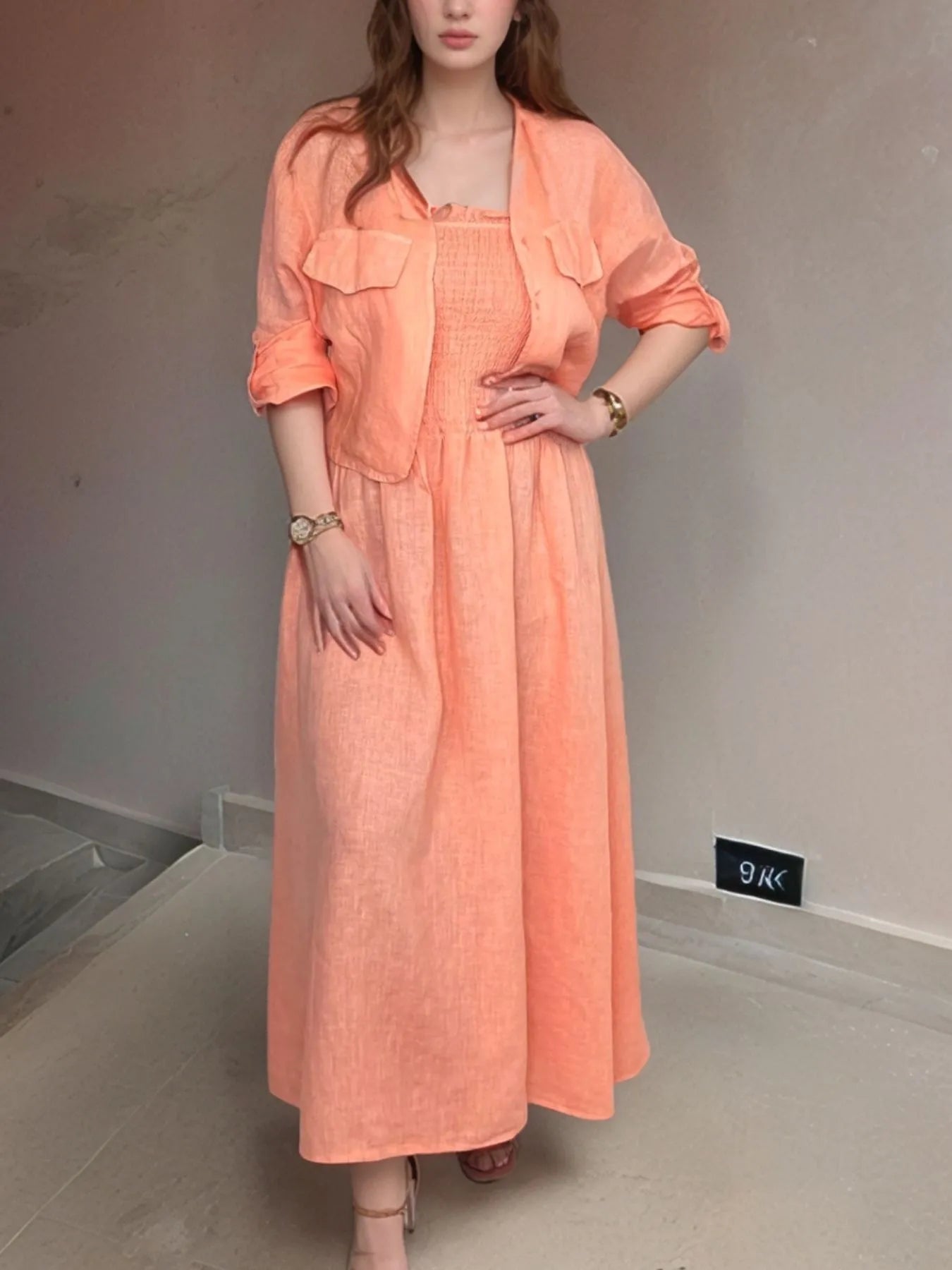 Full Size Smocked Cami Dress and Jacket Set Plus Size - Premium Dresses from Trendsi - Just $48.99! Shop now at Handbags Specialist Headquarter