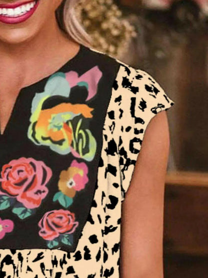 Full Size Leopard Floral Notched Cap Sleeve Blouse Plus Size.