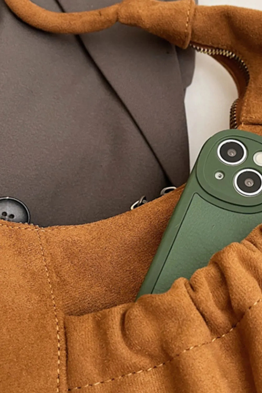 Ruched Suede Handbag with Zipper - Premium Tote Bag from Trendsi - Just $44.99! Shop now at Handbags Specialist Headquarter