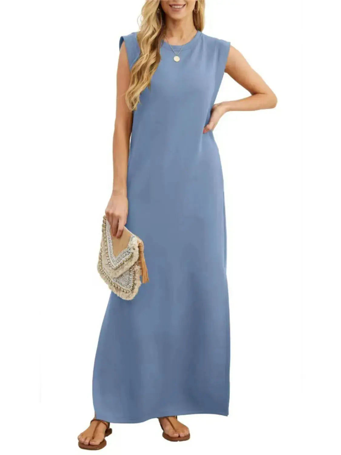 Full Size Slit Round Neck Sleeveless Maxi Tank Dress Plus Size.