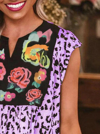 Full Size Leopard Floral Notched Cap Sleeve Blouse Plus Size.