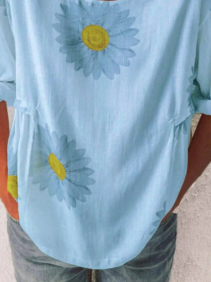 Full Size Flower Round Neck Half Sleeve T-Shirt Plus Size.