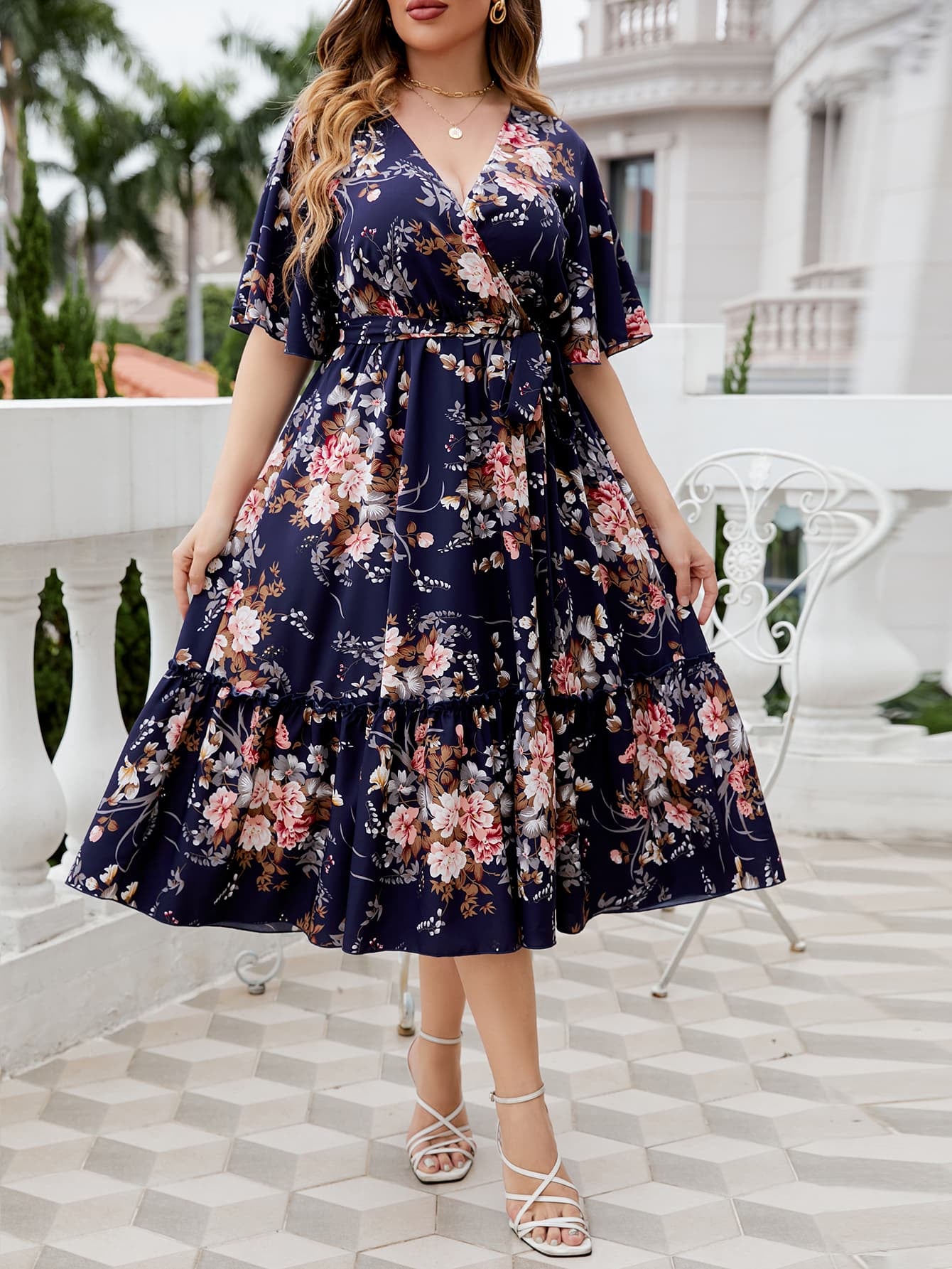 Honey Plus Size Floral Surplice Neck Midi Dress - Premium Dresses from Trendsi - Just $38.99! Shop now at Handbags Specialist Headquarter