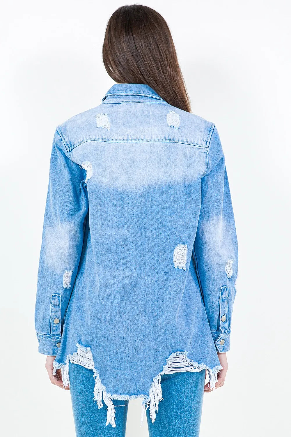 American Bazi Frayed Hem Distressed Denim Shirt Jacket - Premium Women / Jeans & Denim from Trendsi - Just $56.24! Shop now at Handbags Specialist Headquarter
