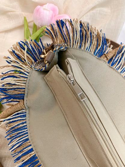 Round Woven Straw Tassel Handbag - Premium handbags from Trendsi - Just $45.99! Shop now at Handbags Specialist Headquarter