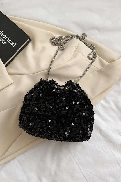 Sequin Chain Drawstring Bucket Bag - Premium Crossbody Bag from Trendsi - Just $21.99! Shop now at Handbags Specialist Headquarter