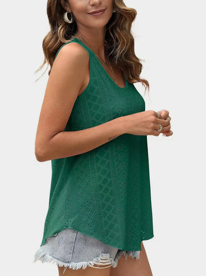 Florira Eyelet Round Neck Tank - Premium Tops from Trendsi - Just $18.22! Shop now at Handbags Specialist Headquarter