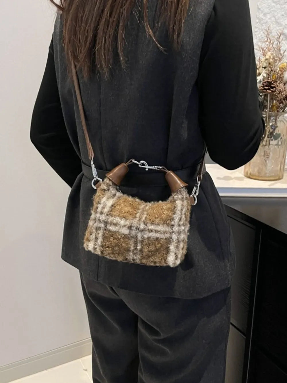 Fuzzy Polyester Mini Handbag with Zipper - Premium Tote Bag from Trendsi - Just $39.99! Shop now at Handbags Specialist Headquarter