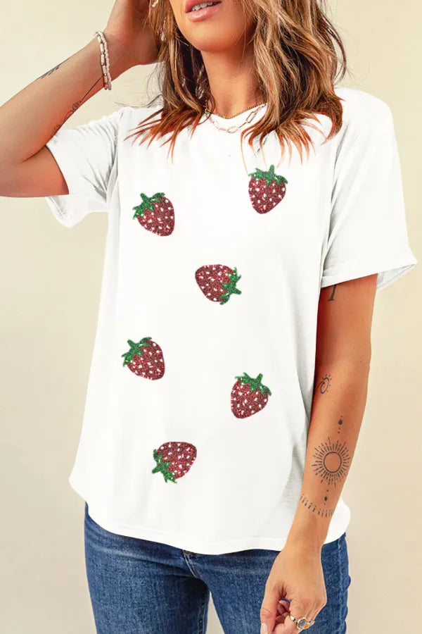 Sequin Strawberry Crew Neck Short Sleeve T Shirt - Premium Tops from Trendsi - Just $27.42! Shop now at Handbags Specialist Headquarter