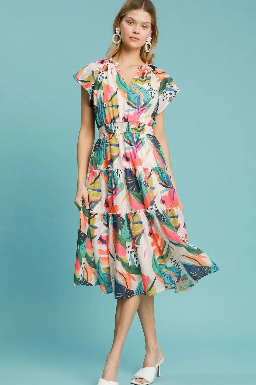 Umgee Full Size Leaf Print Cap Sleeve Tiered Midi Dress Plus Size - Premium Dresses from Trendsi - Just $58.99! Shop now at Handbags Specialist Headquarter