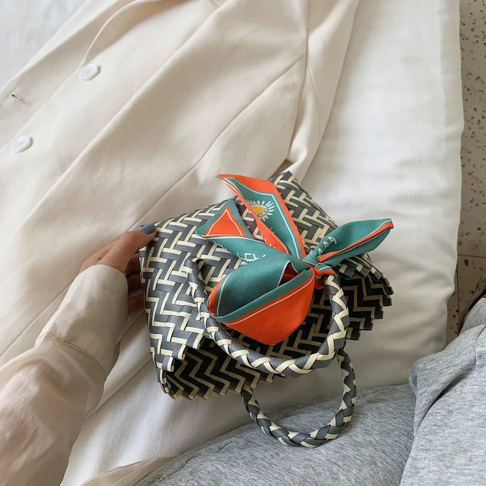 Contrast Woven Handbag with Ribbon - Premium Tote Bag from Trendsi - Just $39.99! Shop now at Handbags Specialist Headquarter