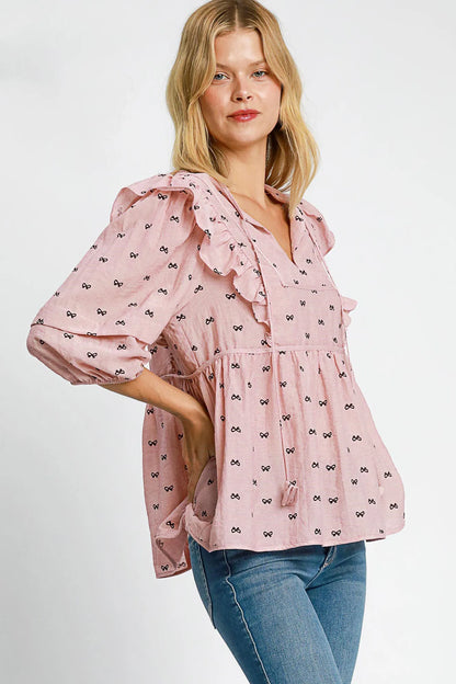 Umgee Full Size Ruffled Bow Print Tie Neck Peplum Blouse Plus Size - Premium Dresses from Trendsi - Just $46.99! Shop now at Handbags Specialist Headquarter