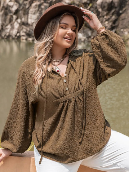 Plus Size Tie Neck Long Sleeve Blouse - Premium Plus Size Shirts from Trendsi - Just $28.50! Shop now at Handbags Specialist Headquarter
