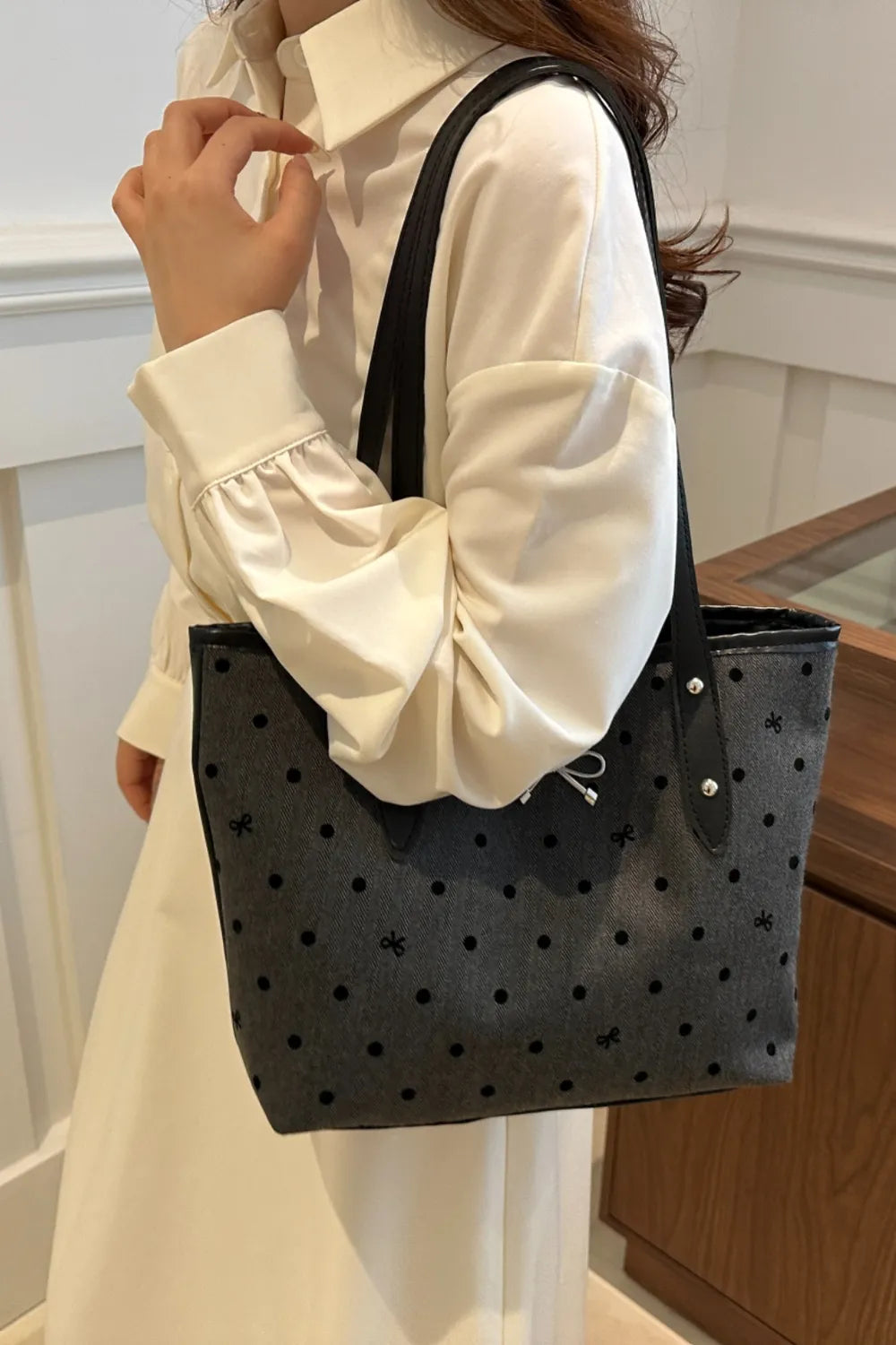Bow Trim Polyester Tote Bag - Premium Tote Bag from Trendsi - Just $39.99! Shop now at Handbags Specialist Headquarter