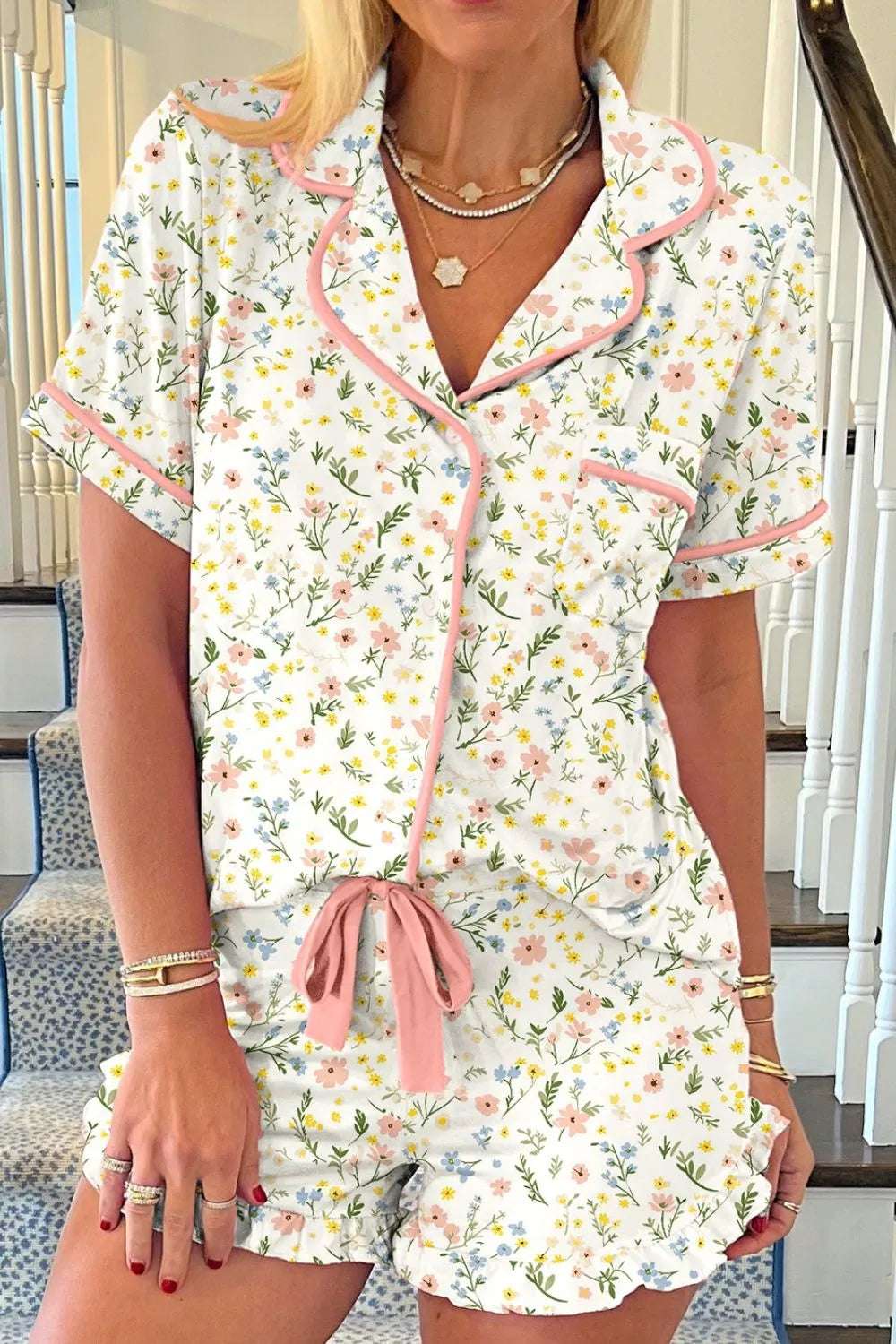 Printed Button Up Short Sleeve Top and Shorts Lounge Set - Premium Sleepwear from Trendsi - Just $48.99! Shop now at Handbags Specialist Headquarter