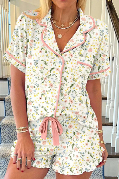 Printed Button Up Short Sleeve Top and Shorts Lounge Set - Premium Sleepwear from Trendsi - Just $48.99! Shop now at Handbags Specialist Headquarter