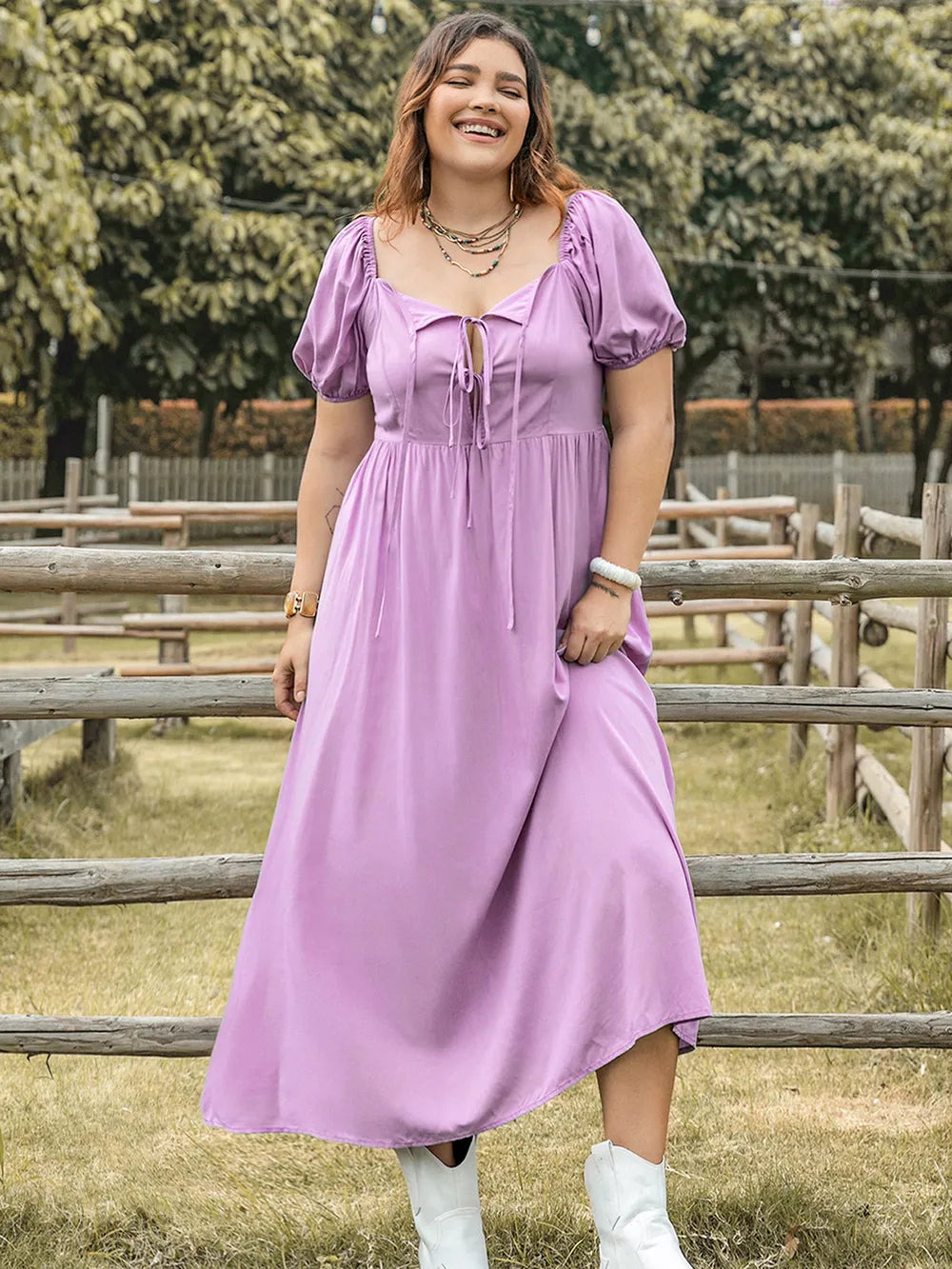 Plus Size Tie Neck Short Sleeve Dress - Premium Dresses from Trendsi - Just $35.99! Shop now at Handbags Specialist Headquarter