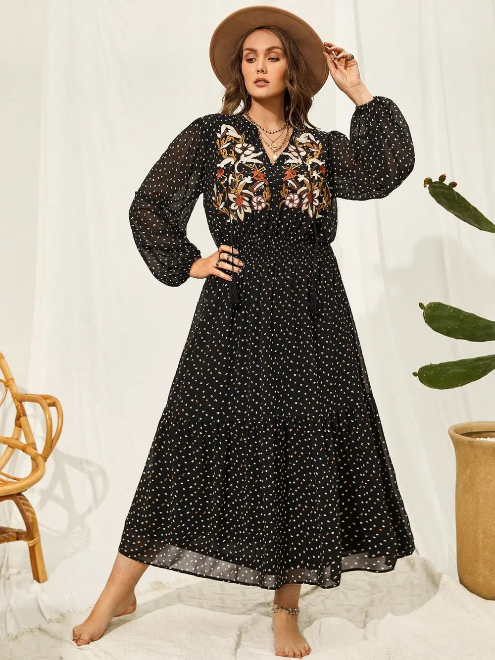 Plus Size Embroidered Tassel Balloon Sleeve Dress - Premium Dresses from Trendsi - Just $59.99! Shop now at Handbags Specialist Headquarter