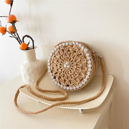 Handmade Round Crochet Straw Handbag - Premium handbags from Trendsi - Just $37.99! Shop now at Handbags Specialist Headquarter