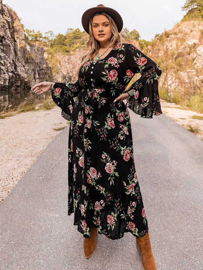 Plus Size Floral Flare Sleeve Dress - Premium Dresses from Trendsi - Just $53.99! Shop now at Handbags Specialist Headquarter