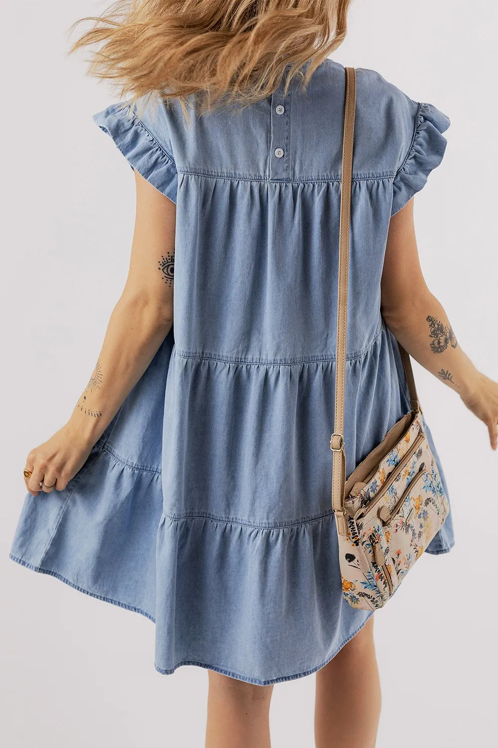 Ruffle Cap Sleeve Tiered A-line Denim Dress - Premium Women / Jeans & Denim from Trendsi - Just $49.18! Shop now at Handbags Specialist Headquarter