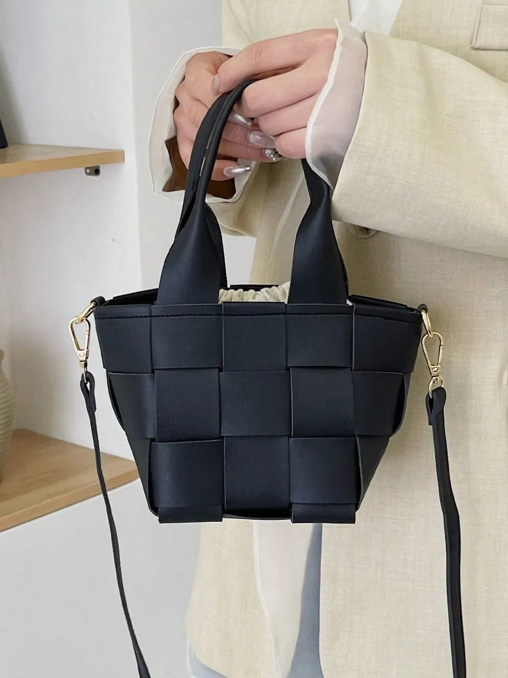 PU Leather Braided Bucket Bag - Premium Tote Bag from Trendsi - Just $33.99! Shop now at Handbags Specialist Headquarter