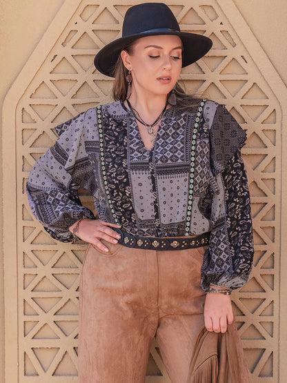 Plus Size Ruffled Printed Notched Long Sleeve Blouse - Premium Plus Size Shirts from Trendsi - Just $31.52! Shop now at Handbags Specialist Headquarter