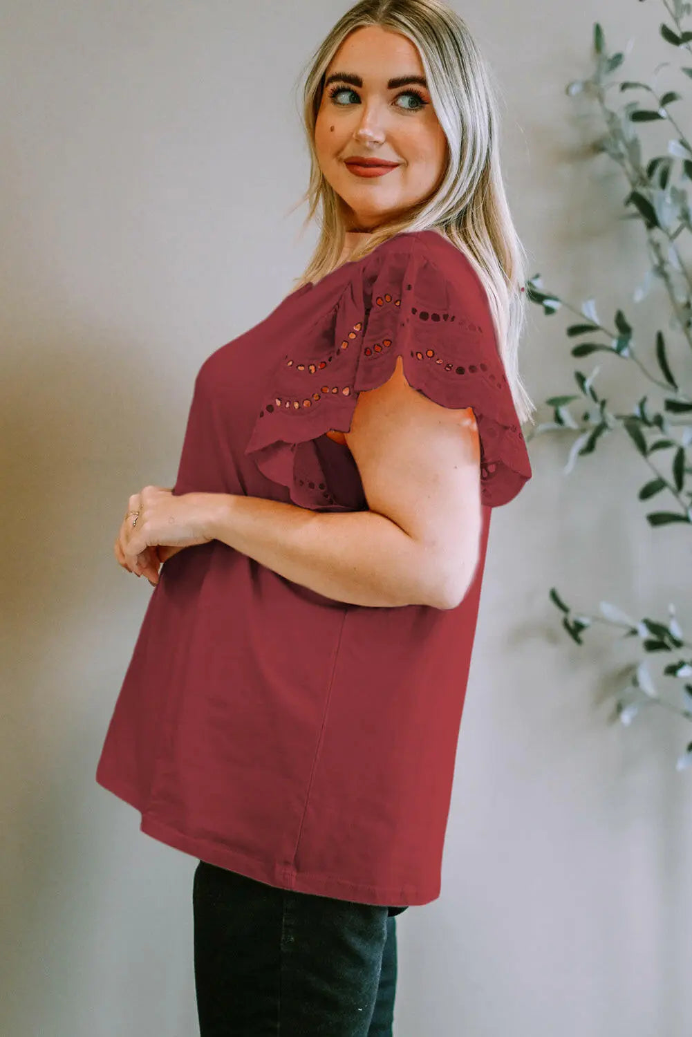 Plus Size Eyelet Round Neck Short Sleeve Blouse.