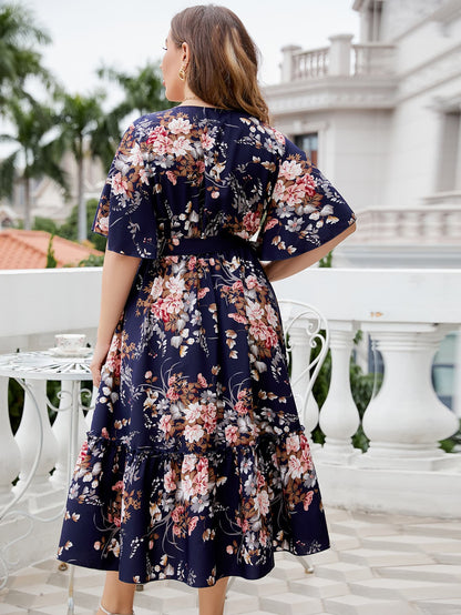 Honey Plus Size Floral Surplice Neck Midi Dress - Premium Dresses from Trendsi - Just $38.99! Shop now at Handbags Specialist Headquarter