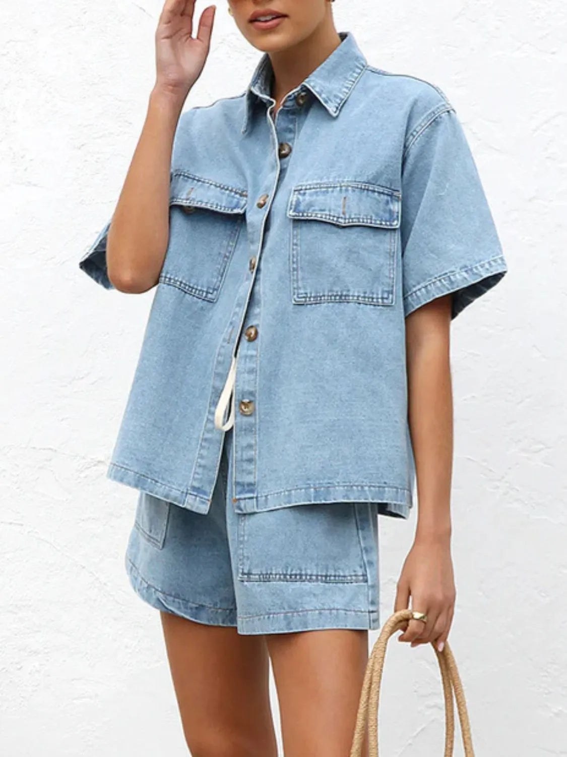 Button Up Short Sleeve Top and Shorts Denim Set - Premium Women / Jeans & Denim from Trendsi - Just $66.70! Shop now at Handbags Specialist Headquarter
