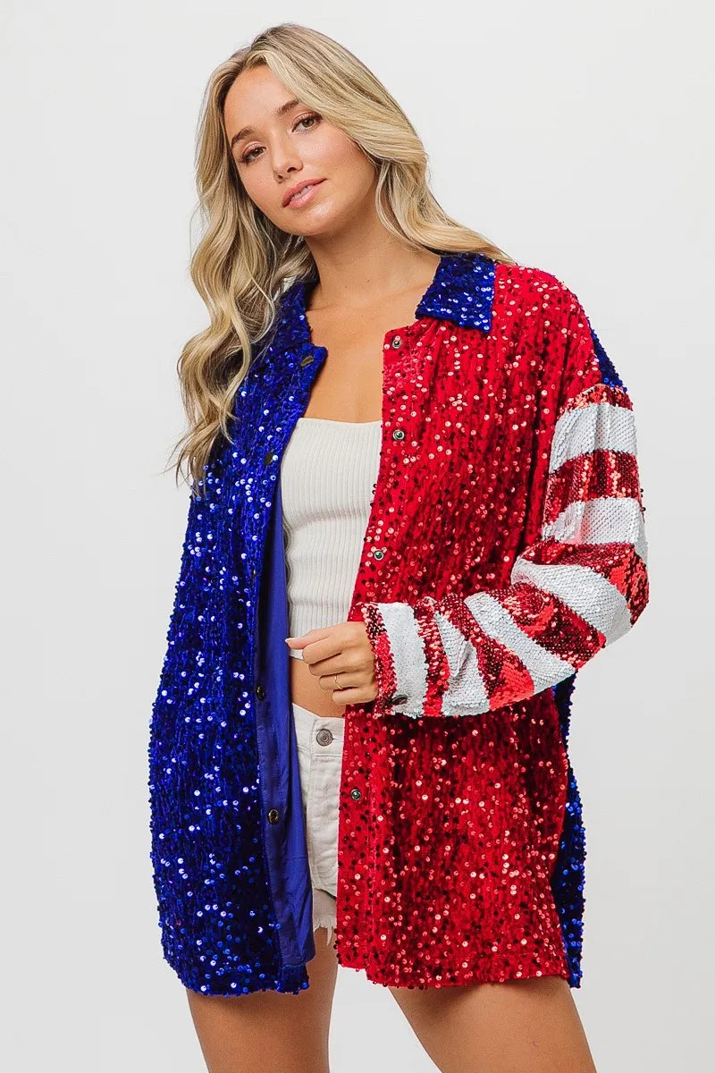 BiBi American Flag Sequin Snap Down Shirt - Premium Women / Jeans & Denim from Trendsi - Just $64.30! Shop now at Handbags Specialist Headquarter