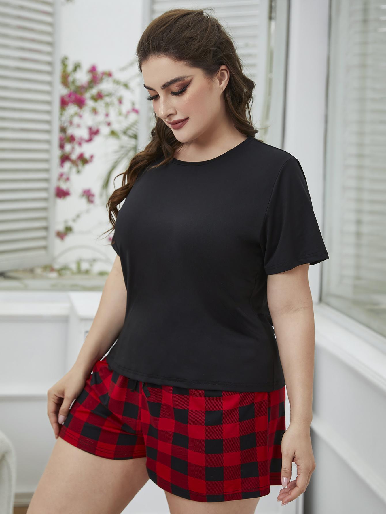 Plus Size Round Neck Tee Shirt and Plaid Shorts Lounge Set - Premium Plus Size Shirts from Trendsi - Just $28! Shop now at Handbags Specialist Headquarter