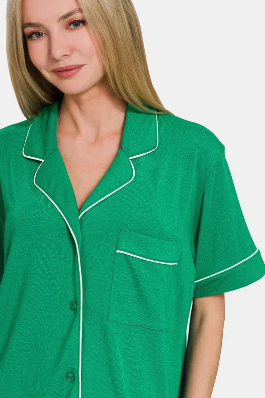 Zenana Button Down Short Sleeve Top and Shorts Lounge Set - Premium Sleepwear from Trendsi - Just $40.99! Shop now at Handbags Specialist Headquarter