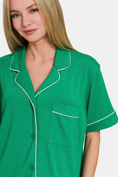 Zenana Button Down Short Sleeve Top and Shorts Lounge Set - Premium Sleepwear from Trendsi - Just $40.99! Shop now at Handbags Specialist Headquarter