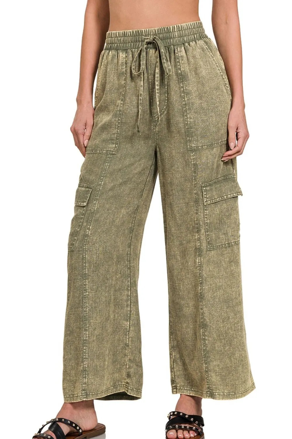 Zenana Washed Linen Elastic Band Waist Cargo Pants - Premium Women Pants from Trendsi - Just $42.99! Shop now at Handbags Specialist Headquarter