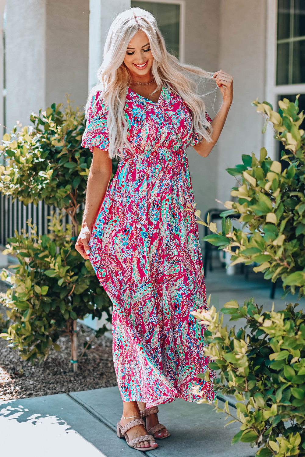Multicolored V-Neck Maxi Dress - Premium Maxi Dress from Trendsi - Just $38.99! Shop now at Handbags Specialist Headquarter