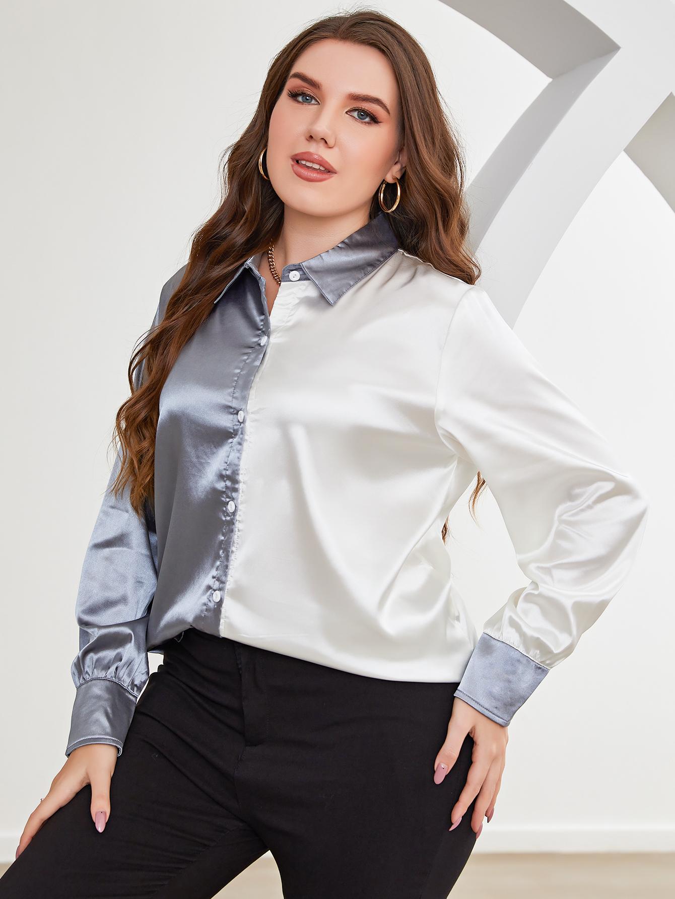 Plus Size Two-Tone Long Sleeve Shirt - Premium Plus Size Shirts from Trendsi - Just $28! Shop now at Handbags Specialist Headquarter