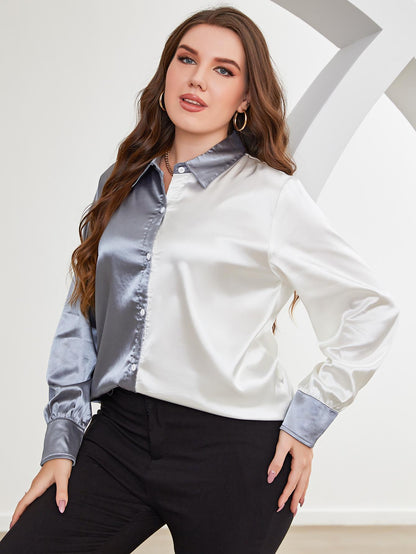 Plus Size Two-Tone Long Sleeve Shirt - Premium Plus Size Shirts from Trendsi - Just $28! Shop now at Handbags Specialist Headquarter