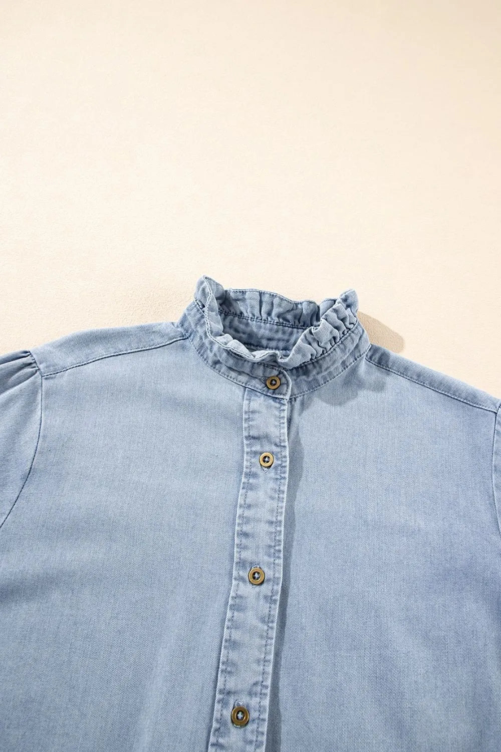 Ruffle Short Puff Sleeve Button Down Denim Shirt - Premium Women / Jeans & Denim from Trendsi - Just $47.50! Shop now at Handbags Specialist Headquarter