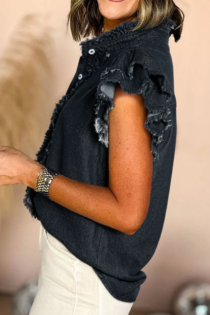 Button Down Raw Hem Ruffled Denim Shirt - Premium Women / Jeans & Denim from Trendsi - Just $43.76! Shop now at Handbags Specialist Headquarter