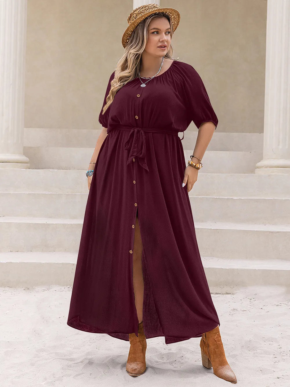 Plus Size Round Neck Half Sleeve Dress - Premium Dresses from Trendsi - Just $45.99! Shop now at Handbags Specialist Headquarter