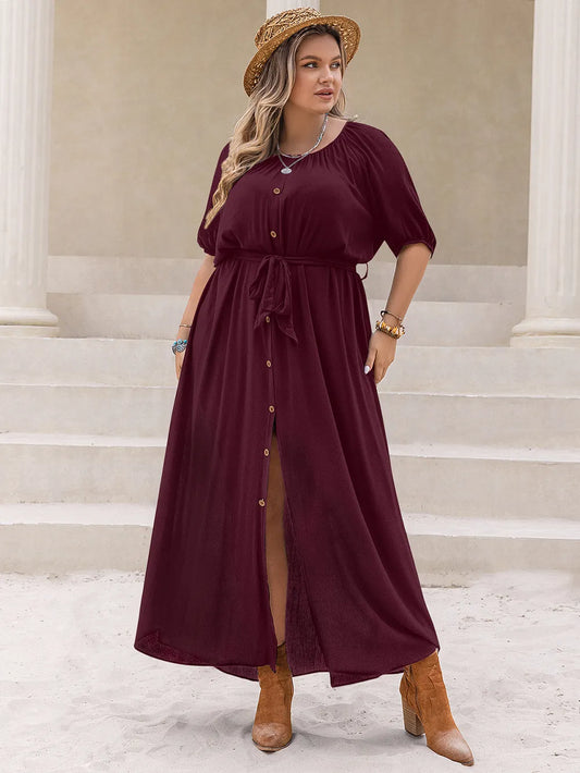 Plus Size Round Neck Half Sleeve Dress - Premium Dresses from Trendsi - Just $45.99! Shop now at Handbags Specialist Headquarter