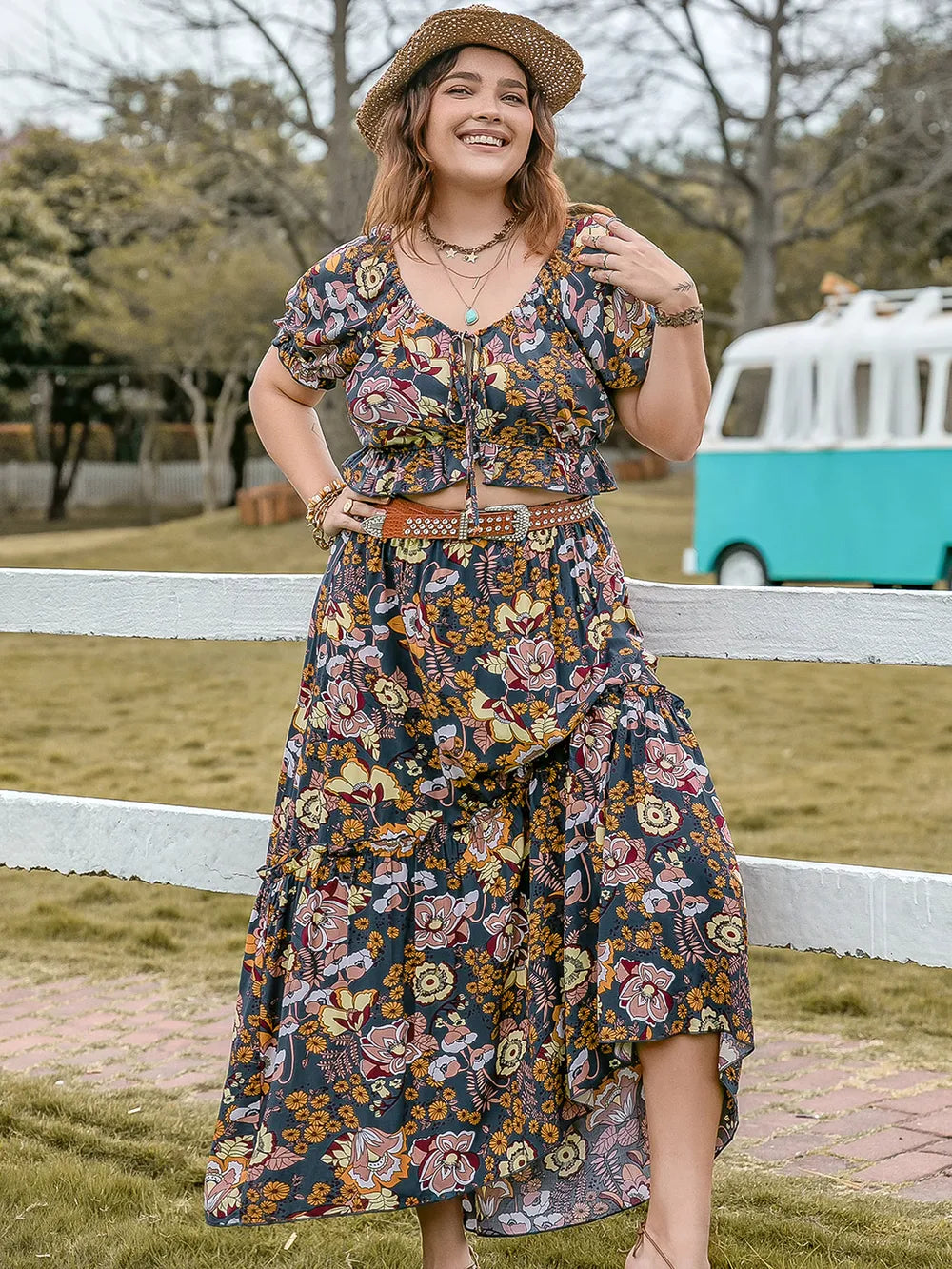 Plus Size Tie Neck Short Sleeve Top and Skirt Set - Premium  from Trendsi - Just $50.99! Shop now at Handbags Specialist Headquarter